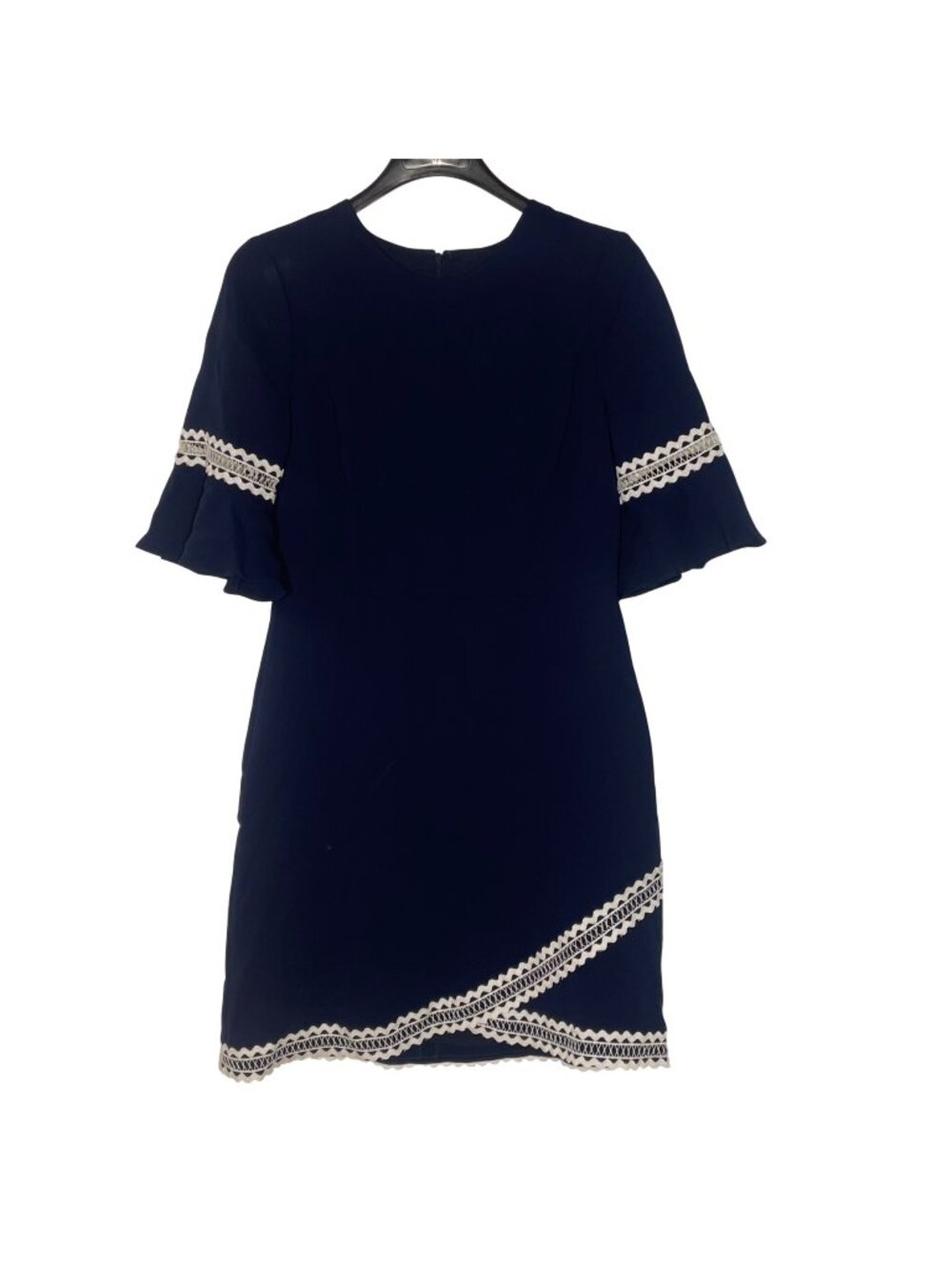 Shoshanna Val A-Line Bell Ruffle Sleeve Lace Trim Dress Sz 6 Classic Navy Blue
